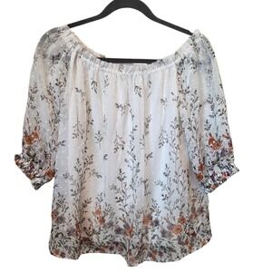 Sweet Rain Women's Floral Sheer Blouse Top Size L Peasant Boho Cottagecore